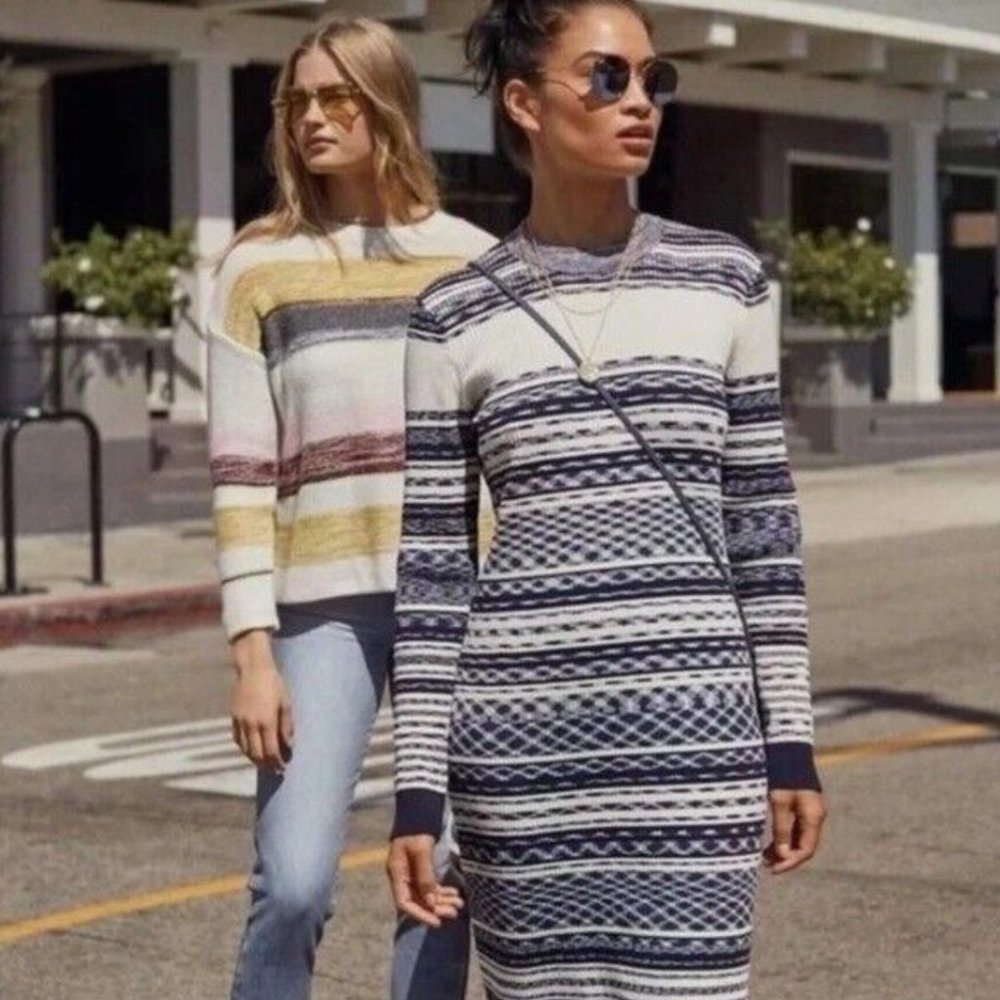 Tory Burch Julie Ribbed Knit Sweater Midi Long Sleeve Striped Dress